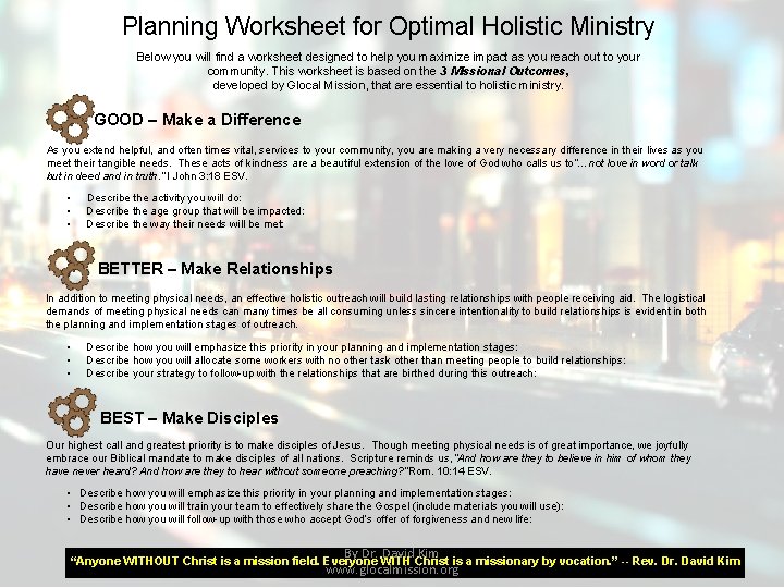 Planning Worksheet for Optimal Holistic Ministry Below you will find a worksheet designed to