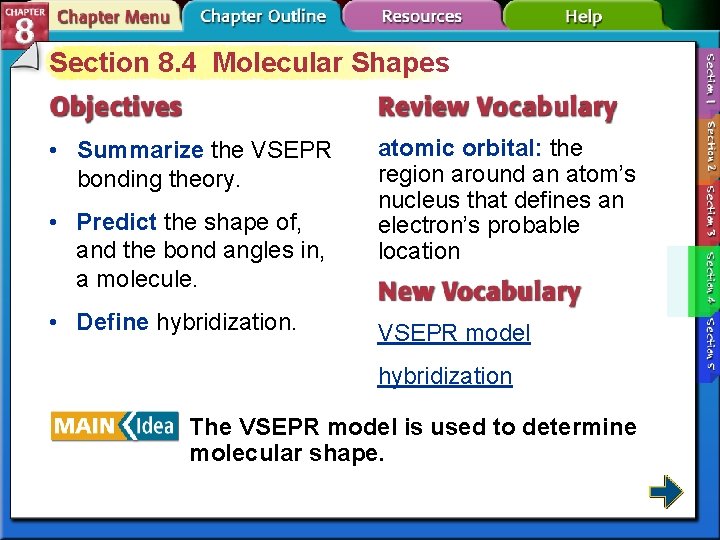 Section 8. 4 Molecular Shapes • Summarize the VSEPR bonding theory. • Predict the