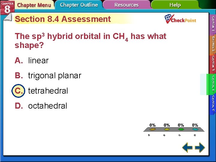 Section 8. 4 Assessment The sp 3 hybrid orbital in CH 4 has what