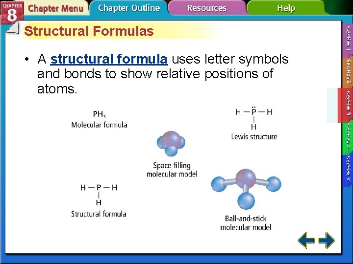 Structural Formulas • A structural formula uses letter symbols and bonds to show relative