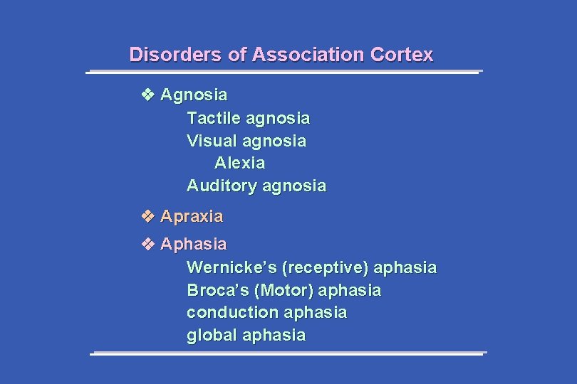 Disorders of Association Cortex Agnosia Tactile agnosia Visual agnosia Alexia Auditory agnosia Apraxia Aphasia