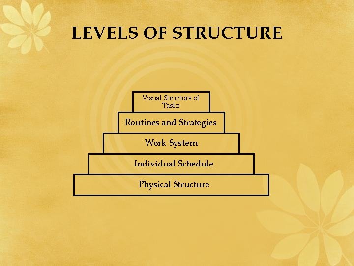 LEVELS OF STRUCTURE Visual Structure of Tasks Routines and Strategies Work System Individual Schedule LEVELS OF STRUCTURE Visual Structure of Tasks Routines and Strategies Work System Individual Schedule