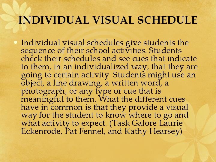INDIVIDUAL VISUAL SCHEDULE • Individual visual schedules give students the sequence of their school