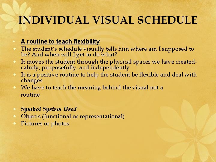 INDIVIDUAL VISUAL SCHEDULE • A routine to teach flexibility • The student’s schedule visually INDIVIDUAL VISUAL SCHEDULE • A routine to teach flexibility • The student’s schedule visually