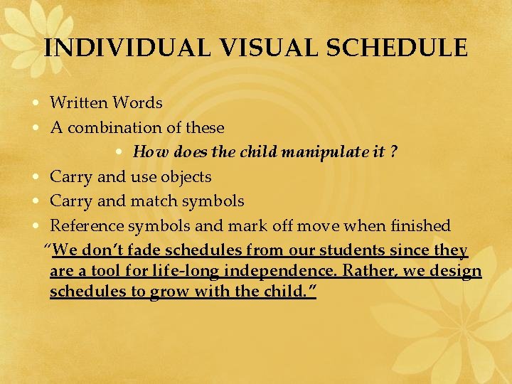INDIVIDUAL VISUAL SCHEDULE • Written Words • A combination of these • How does