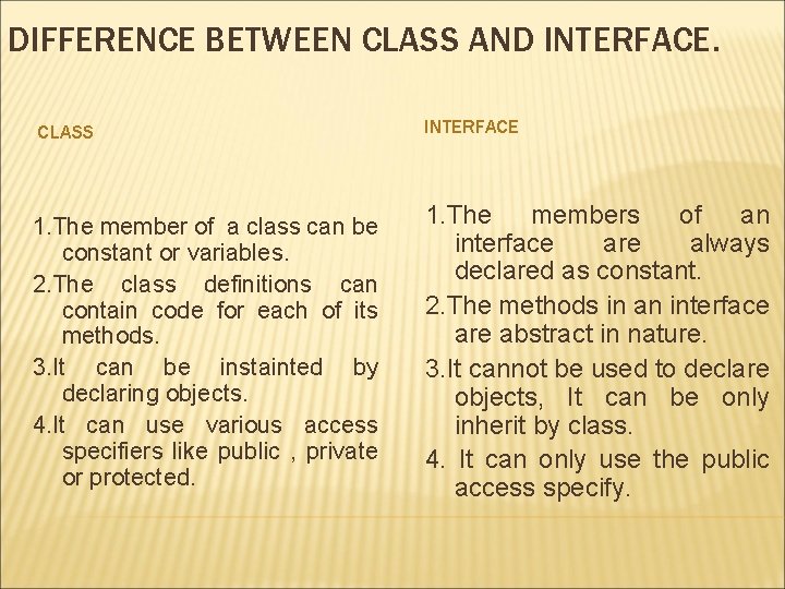 DIFFERENCE BETWEEN CLASS AND INTERFACE. CLASS 1. The member of a class can be