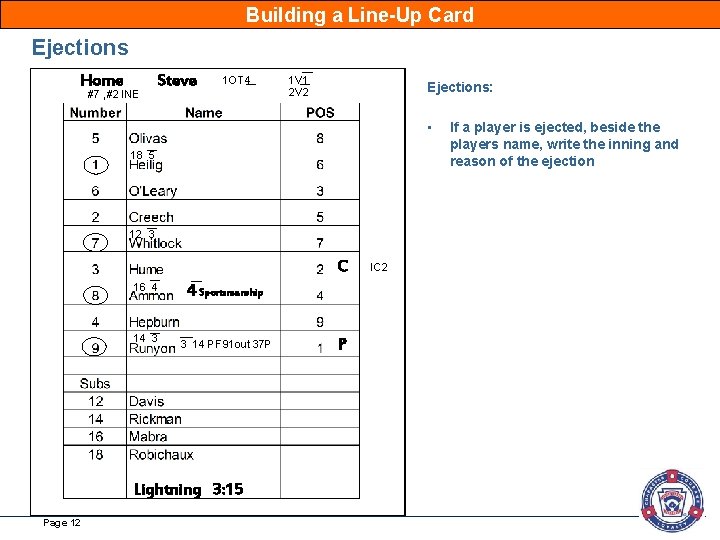 Building a Line-Up Card Ejections Home #7 , #2 INE Steve 1 OT 4