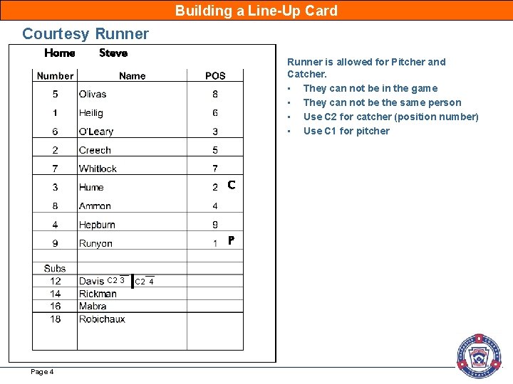 Building a Line-Up Card Courtesy Runner Home Steve Runner is allowed for Pitcher and