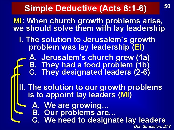 Simple Deductive (Acts 6: 1 -6) 50 MI: When church growth problems arise, we