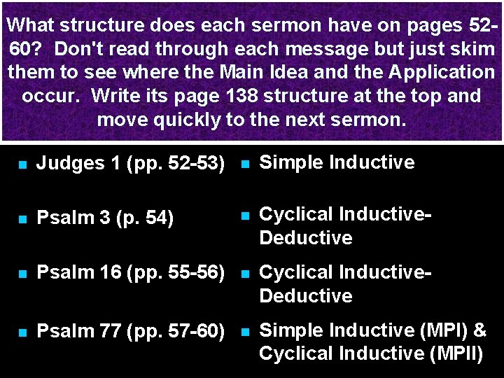 What structure does each sermon have on pages 5260? Don't read through each message