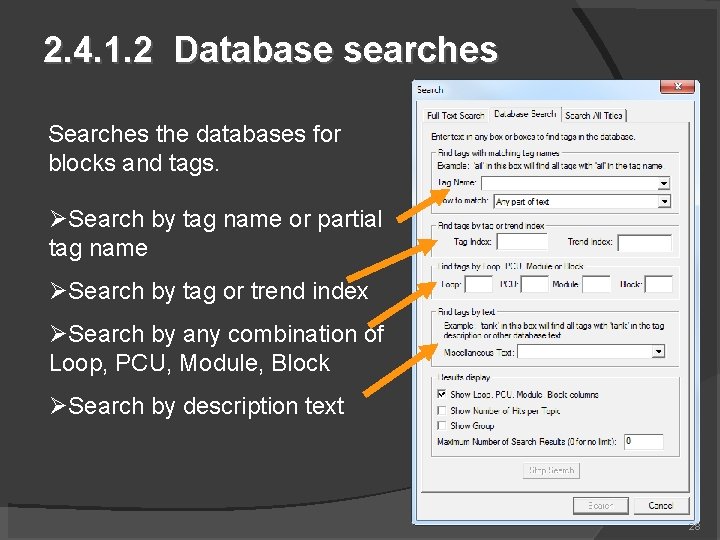 2. 4. 1. 2 Database searches Searches the databases for blocks and tags. Search