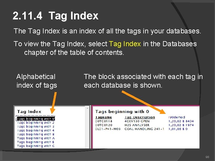 2. 11. 4 Tag Index The Tag Index is an index of all the