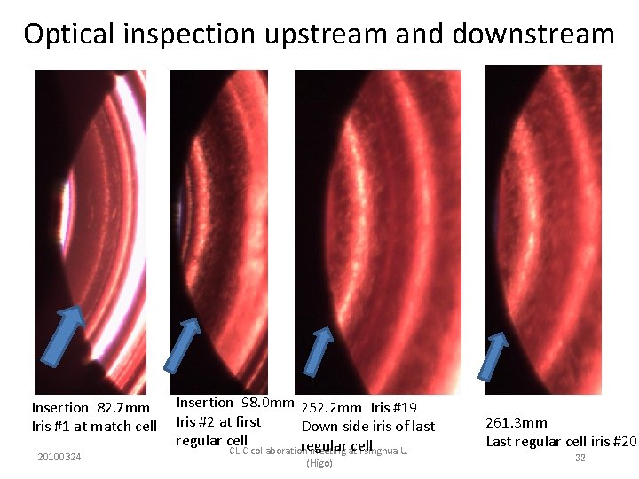 Optical inspection upstream and downstream Insertion 82. 7 mm Iris #1 at match cell