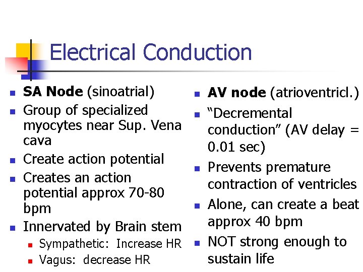 Electrical Conduction n n SA Node (sinoatrial) Group of specialized myocytes near Sup. Vena