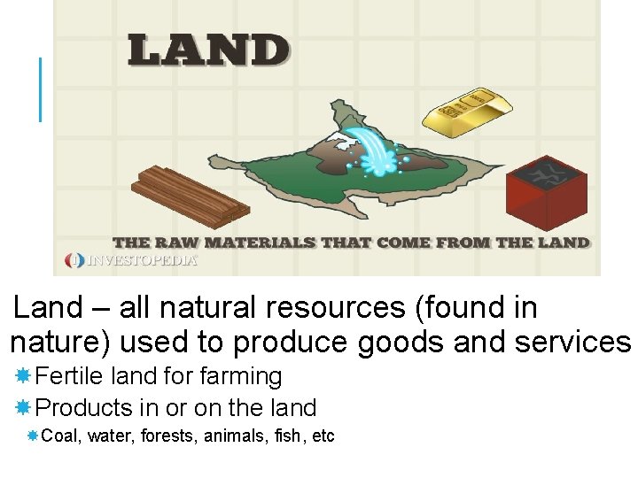 LAND Land – all natural resources (found in nature) used to produce goods and