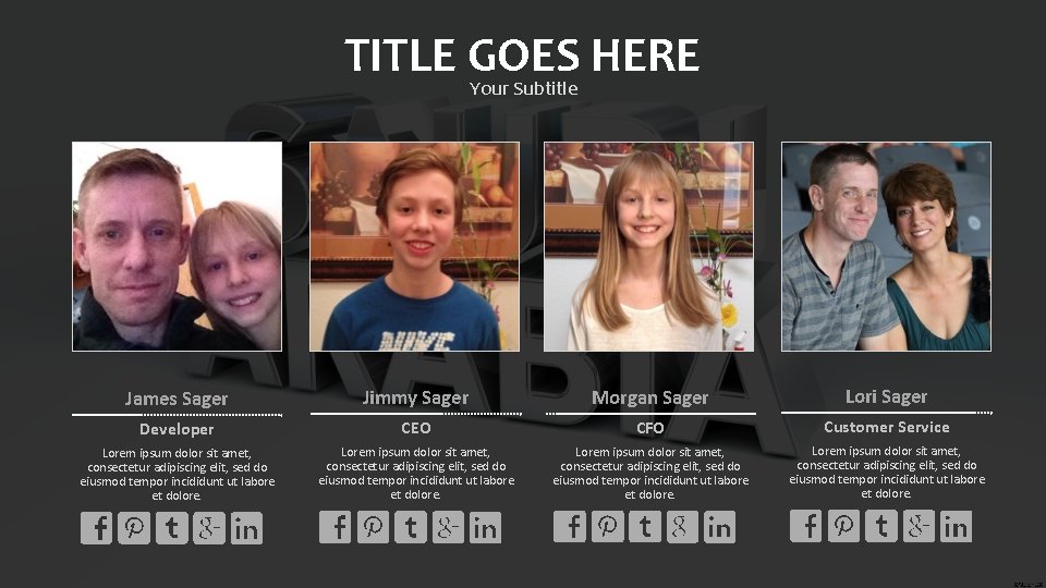 TITLE GOES HERE Your Subtitle James Sager Jimmy Sager Morgan Sager Lori Sager Developer
