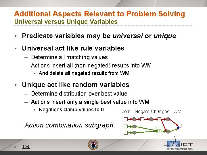 Additional Aspects Relevant to Problem Solving Universal versus Unique Variables § Predicate variables may