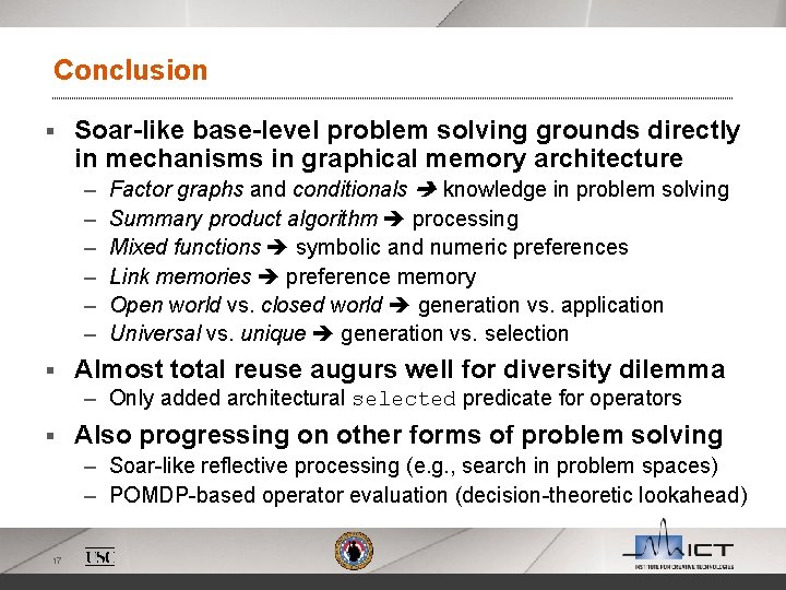 Conclusion § Soar-like base-level problem solving grounds directly in mechanisms in graphical memory architecture