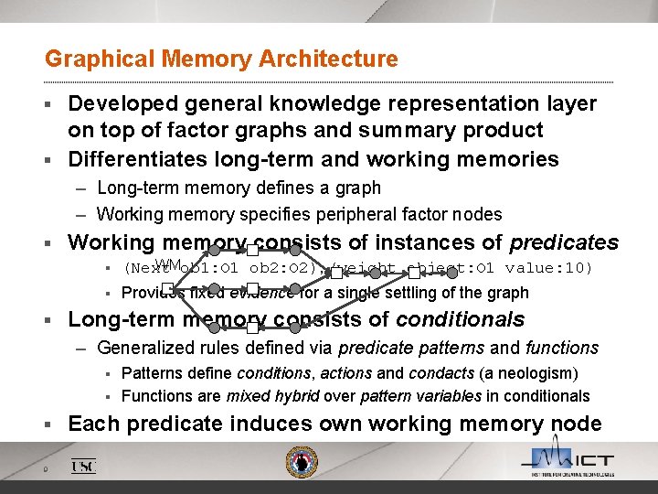 Graphical Memory Architecture Developed general knowledge representation layer on top of factor graphs and