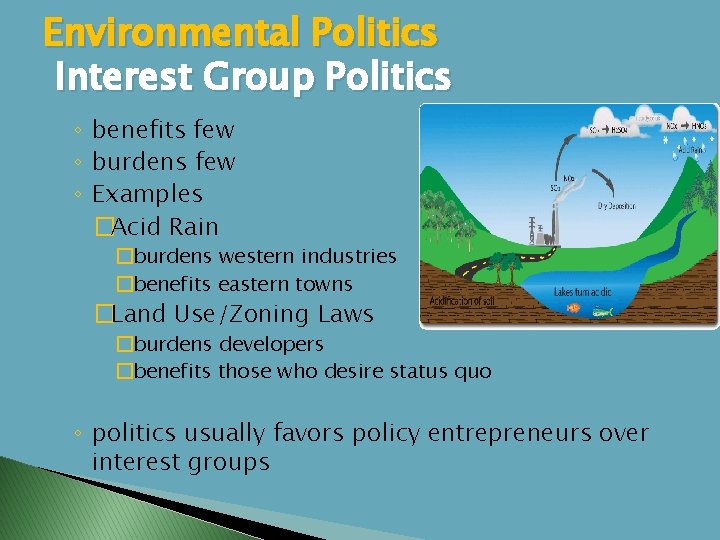 Environmental Politics Interest Group Politics ◦ benefits few ◦ burdens few ◦ Examples �Acid