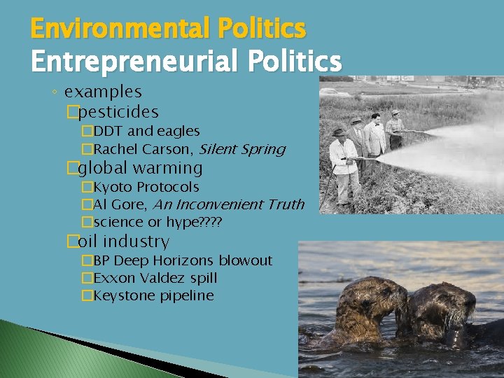 Environmental Politics Entrepreneurial Politics ◦ examples �pesticides �DDT and eagles �Rachel Carson, Silent Spring