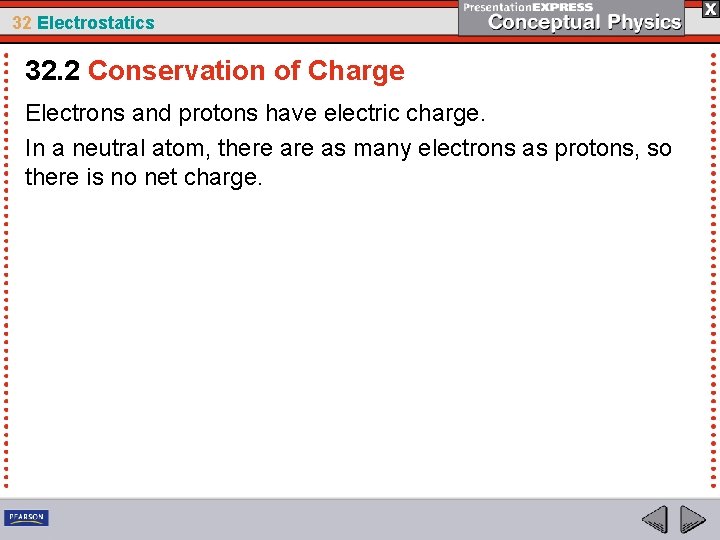 32 Electrostatics 32. 2 Conservation of Charge Electrons and protons have electric charge. In