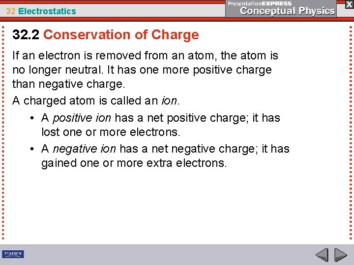 32 Electrostatics 32. 2 Conservation of Charge If an electron is removed from an