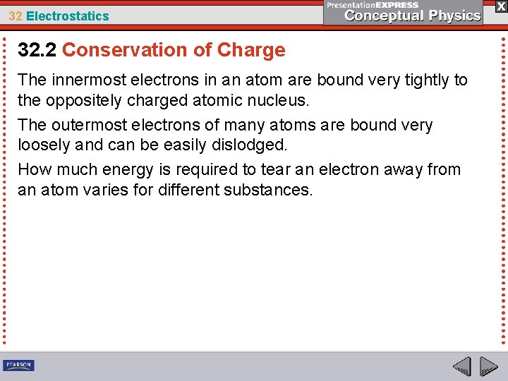 32 Electrostatics 32. 2 Conservation of Charge The innermost electrons in an atom are