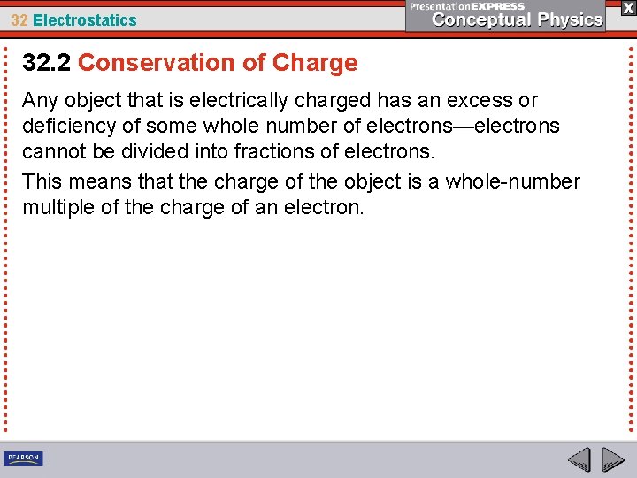 32 Electrostatics 32. 2 Conservation of Charge Any object that is electrically charged has