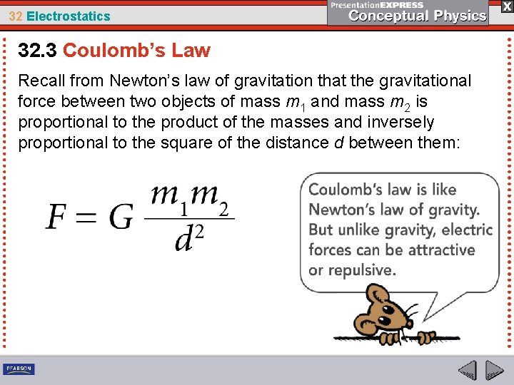 32 Electrostatics 32. 3 Coulomb’s Law Recall from Newton’s law of gravitation that the