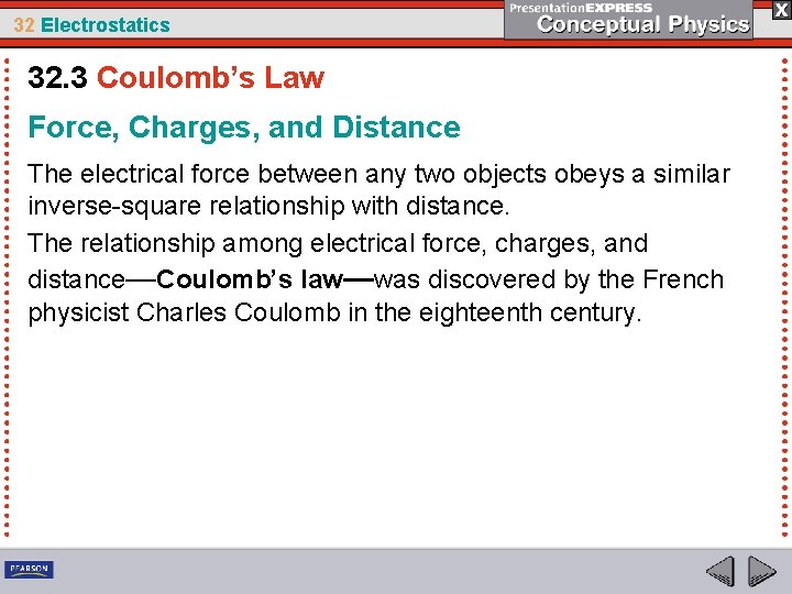 32 Electrostatics 32. 3 Coulomb’s Law Force, Charges, and Distance The electrical force between