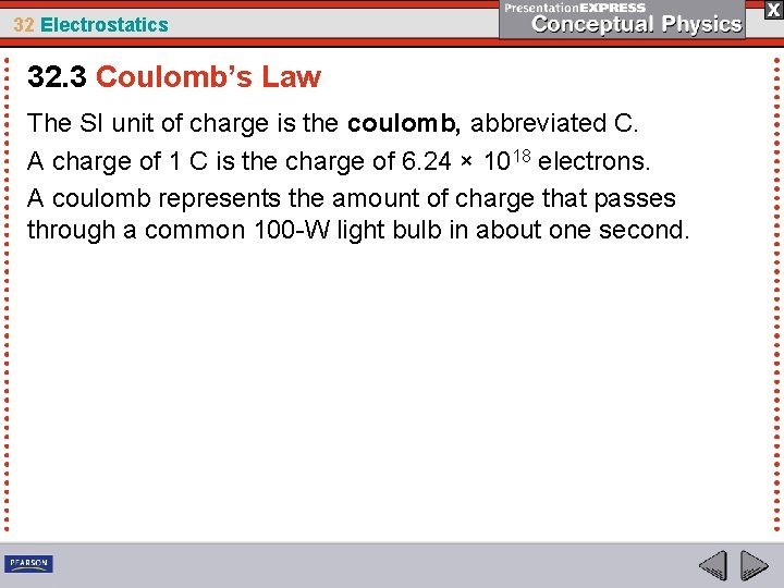 32 Electrostatics 32. 3 Coulomb’s Law The SI unit of charge is the coulomb,