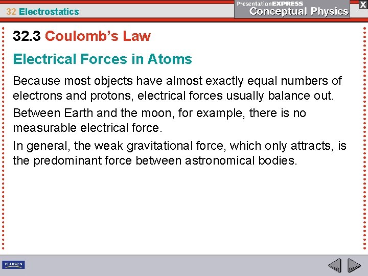 32 Electrostatics 32. 3 Coulomb’s Law Electrical Forces in Atoms Because most objects have