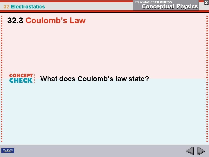 32 Electrostatics 32. 3 Coulomb’s Law What does Coulomb’s law state? 