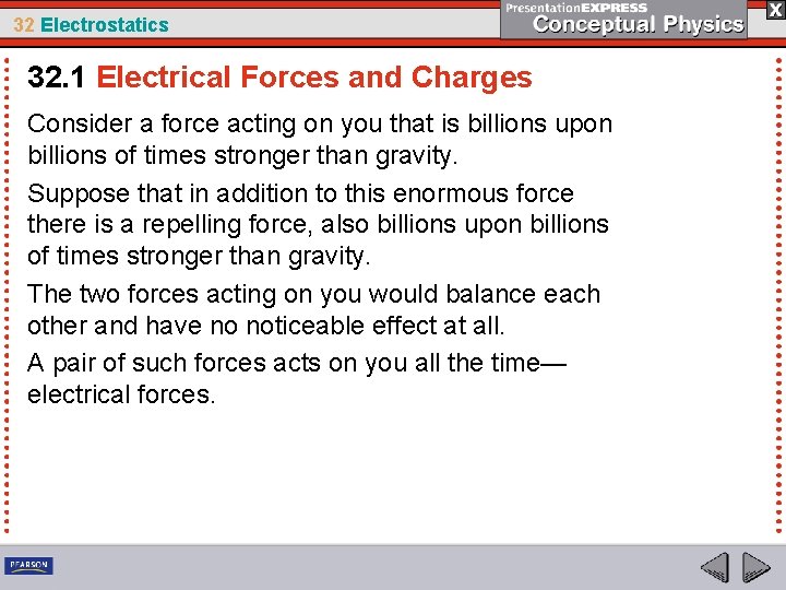 32 Electrostatics 32. 1 Electrical Forces and Charges Consider a force acting on you
