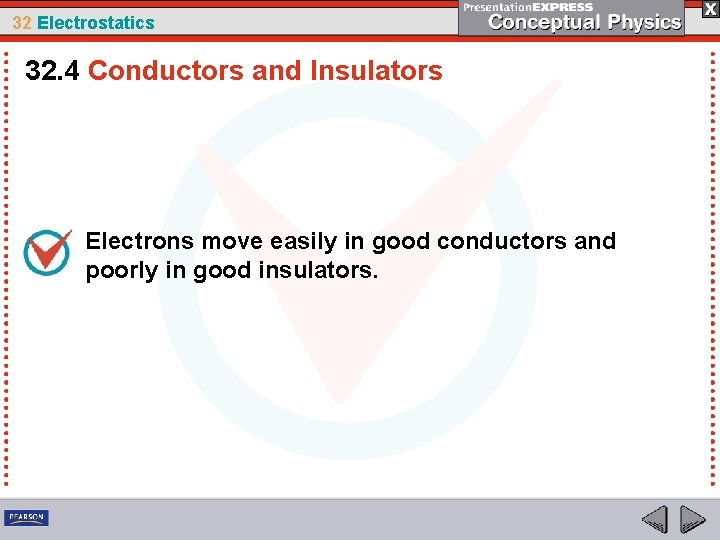 32 Electrostatics 32. 4 Conductors and Insulators Electrons move easily in good conductors and