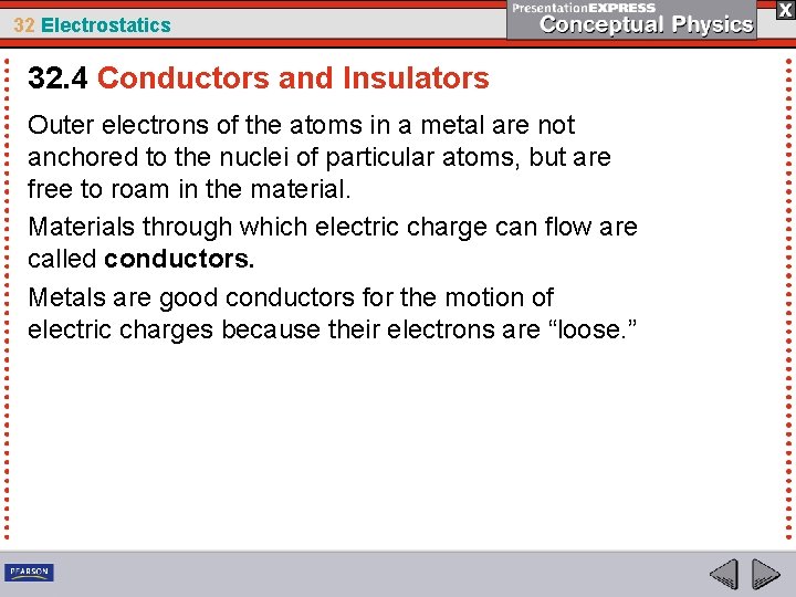 32 Electrostatics 32. 4 Conductors and Insulators Outer electrons of the atoms in a