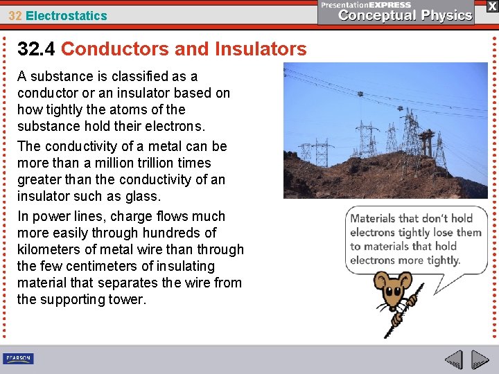 32 Electrostatics 32. 4 Conductors and Insulators A substance is classified as a conductor