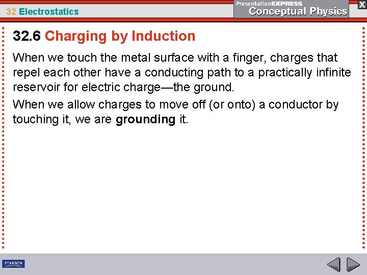 32 Electrostatics 32. 6 Charging by Induction When we touch the metal surface with
