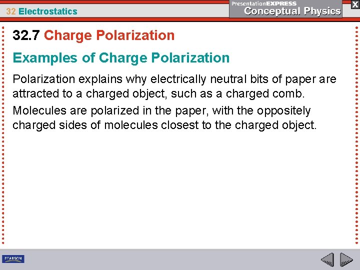 32 Electrostatics 32. 7 Charge Polarization Examples of Charge Polarization explains why electrically neutral