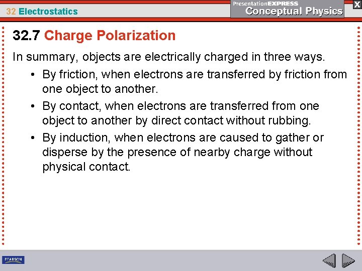 32 Electrostatics 32. 7 Charge Polarization In summary, objects are electrically charged in three