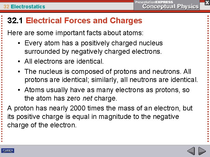 32 Electrostatics 32. 1 Electrical Forces and Charges Here are some important facts about