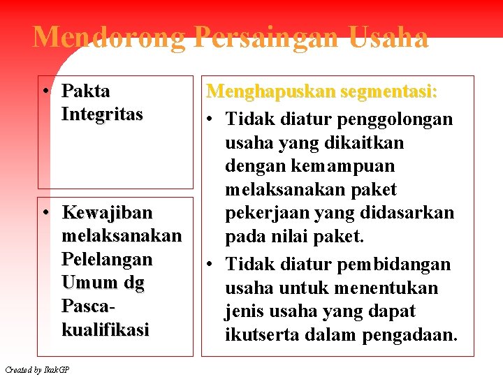 Mendorong Persaingan Usaha • Pakta Integritas • Kewajiban melaksanakan Pelelangan Umum dg Pascakualifikasi Created