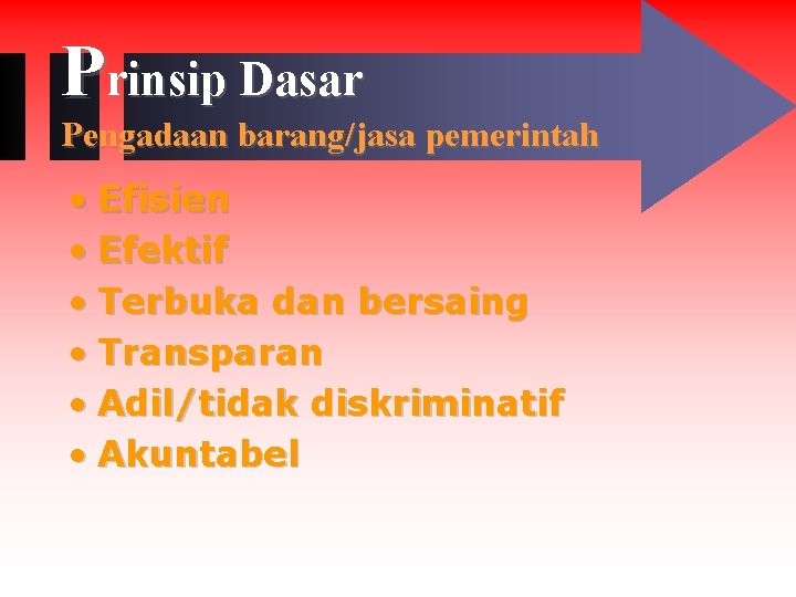 Prinsip Dasar Pengadaan barang/jasa pemerintah • Efisien • Efektif • Terbuka dan bersaing •