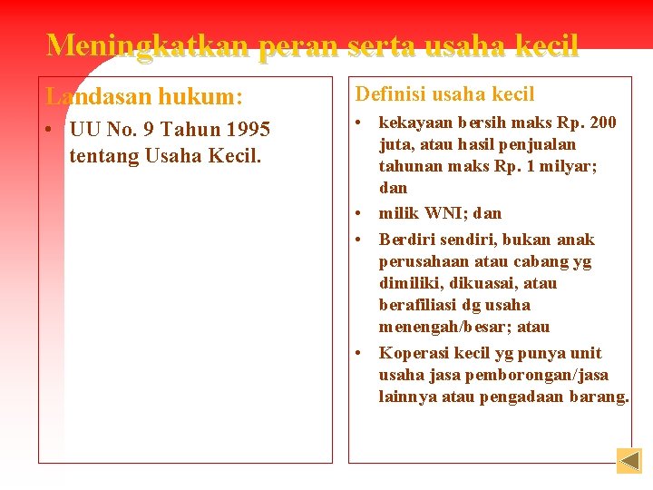 Meningkatkan peran serta usaha kecil Landasan hukum: Definisi usaha kecil • UU No. 9