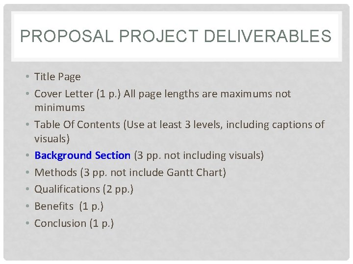 PROPOSAL PROJECT DELIVERABLES • Title Page • Cover Letter (1 p. ) All page