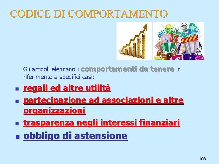 CODICE DI COMPORTAMENTO Gli articoli elencano i comportamenti riferimento a specifici casi: da tenere