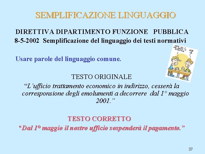 SEMPLIFICAZIONE LINGUAGGIO DIRETTIVA DIPARTIMENTO FUNZIONE PUBBLICA 8 -5 -2002 Semplificazione del linguaggio dei testi