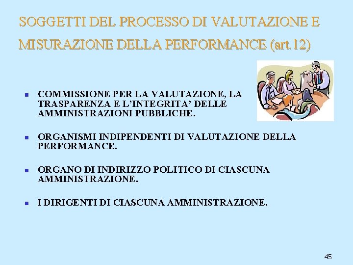 SOGGETTI DEL PROCESSO DI VALUTAZIONE E MISURAZIONE DELLA PERFORMANCE (art. 12) n n COMMISSIONE