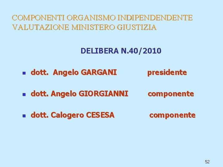 COMPONENTI ORGANISMO INDIPENDENDENTE VALUTAZIONE MINISTERO GIUSTIZIA DELIBERA N. 40/2010 n dott. Angelo GARGANI presidente